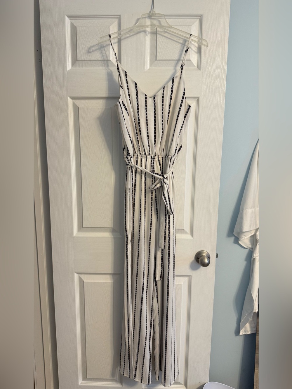 White and Black Striped V-Neck Jumpsuit with Tie Waist